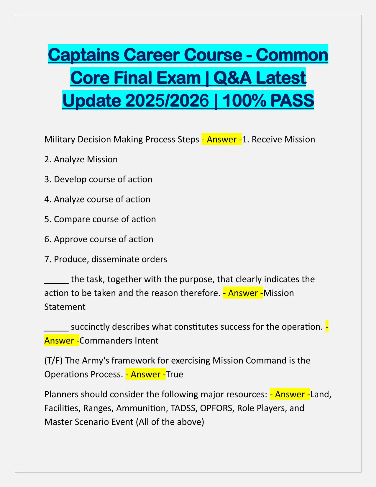 Captains Career Course-Common Final EXAM Q&A Latest Update