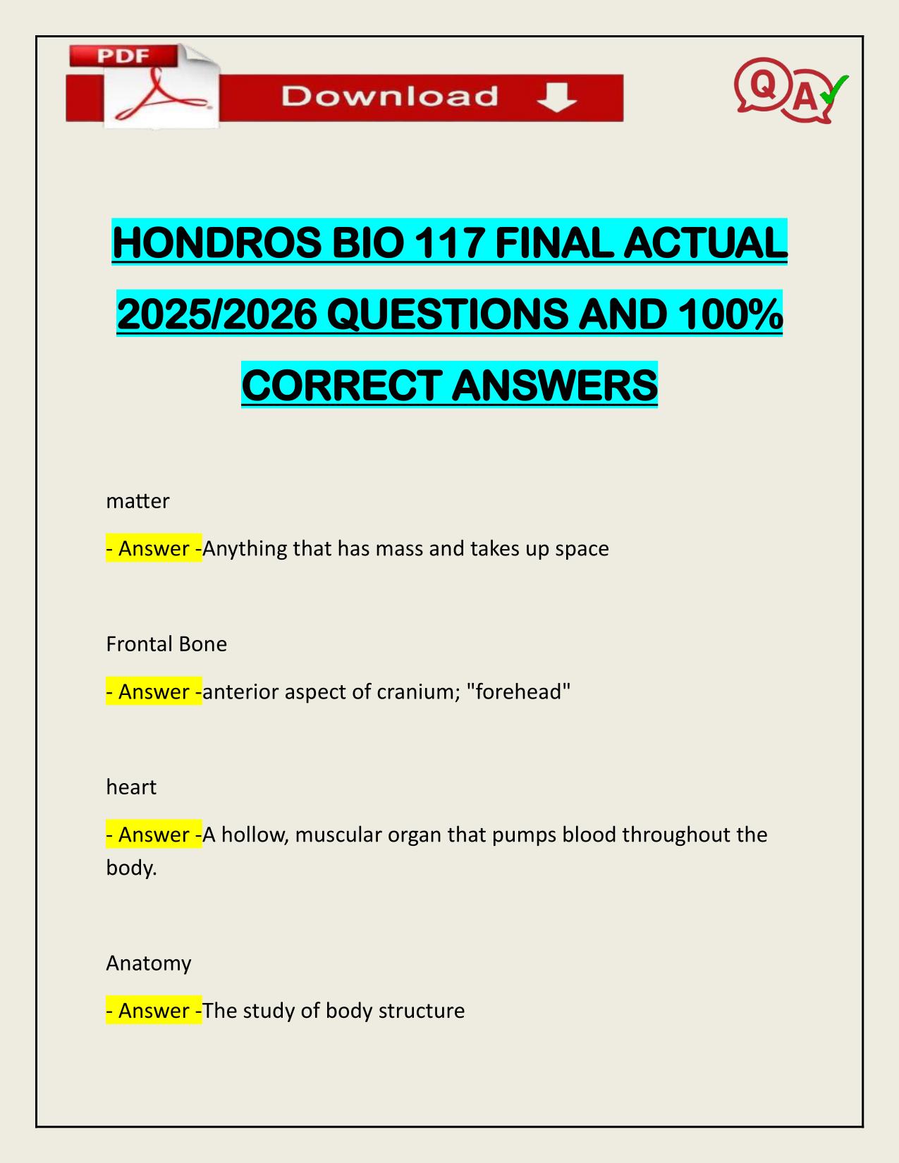 BUNDLE FOR HONDROS BIO 117 EXAMS ACTUAL 2025/2026