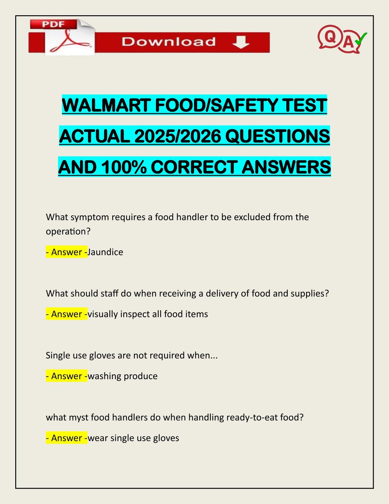 WALMART FOOD/SAFETY TEST ACTUAL 2025/2026 CORRECTLY ANSWERED