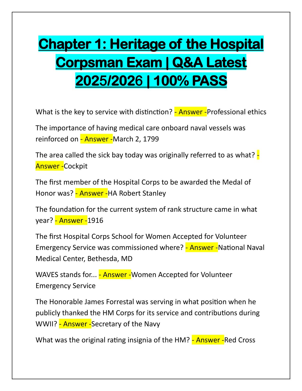 Chapter 1 Heritage of the Hospital Corpsman Exam Q&A Latest Update