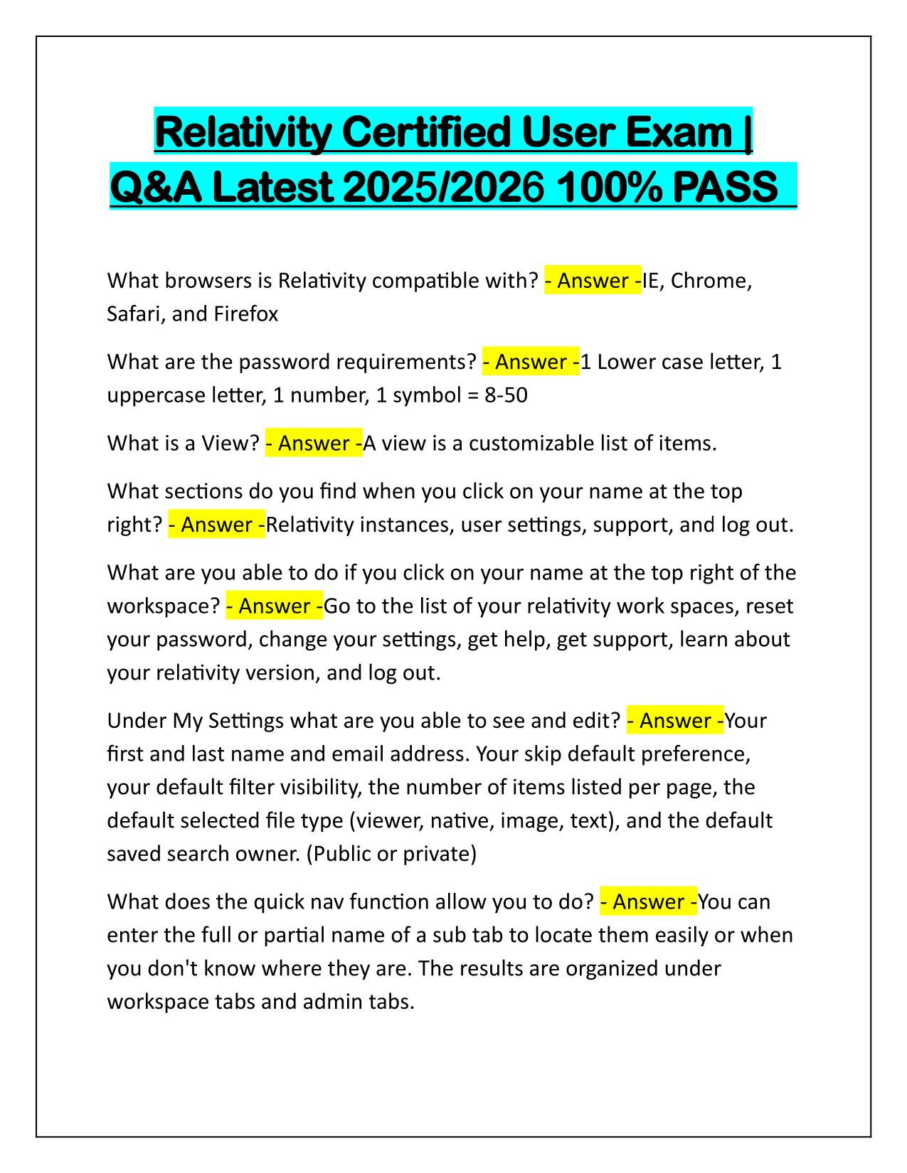 Relativity Certified User Exam Q&A Latest Update
