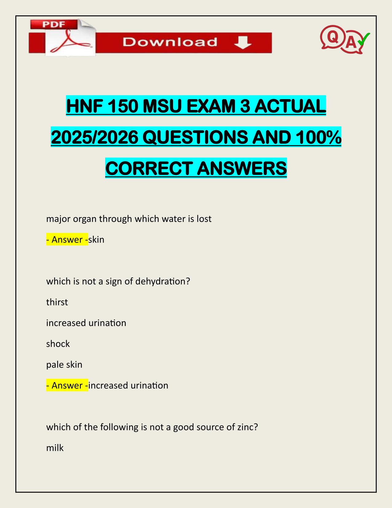 HNF 150 MSU EXAM 3 ACTUAL 2025/2026 CORRECTLY ANSWERED