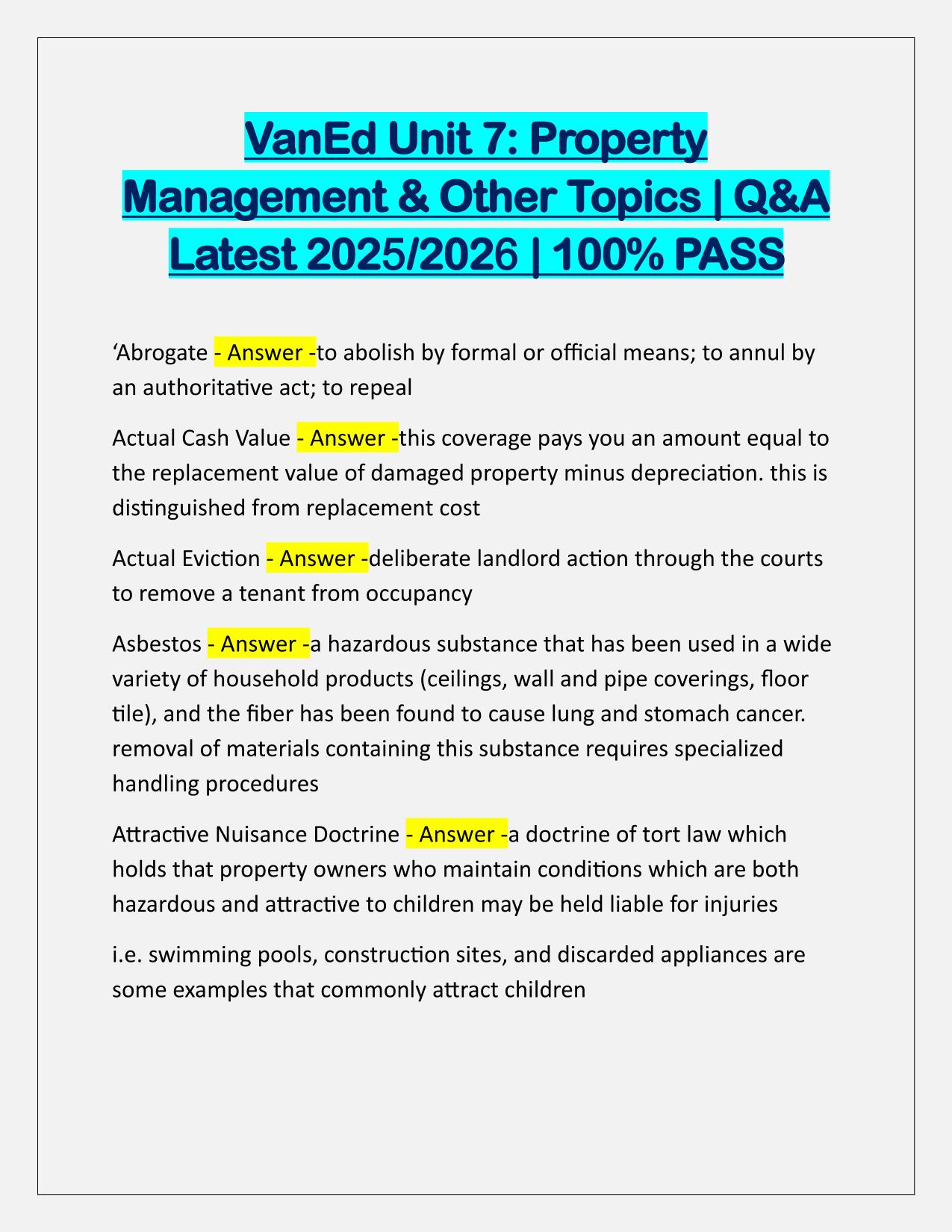 VanEd Unit 7, Property Management and Other Topics Q&A Latest Update
