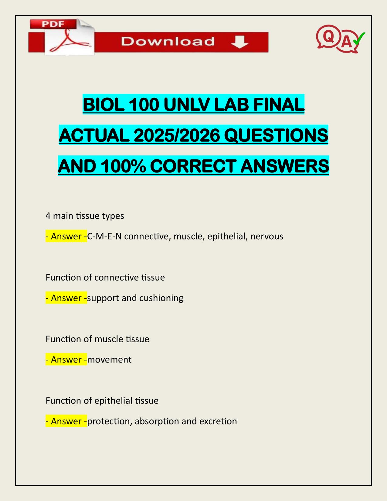 BIOL 100 UNLV LAB FINAL ACTUAL 2025/2026 CORRECTLY ANSWERED