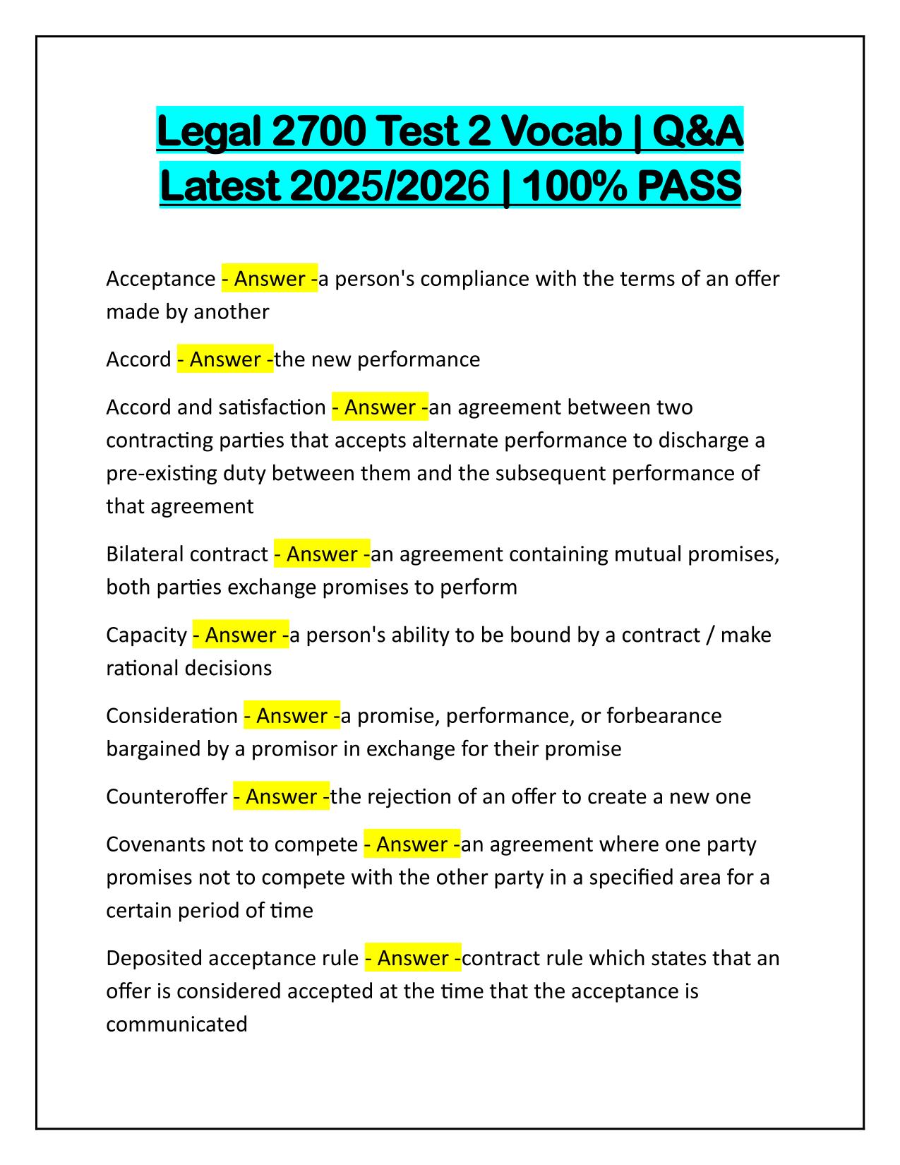 Legal 2700 Test 2 Vocab with Correct Answers Latest Update 2025