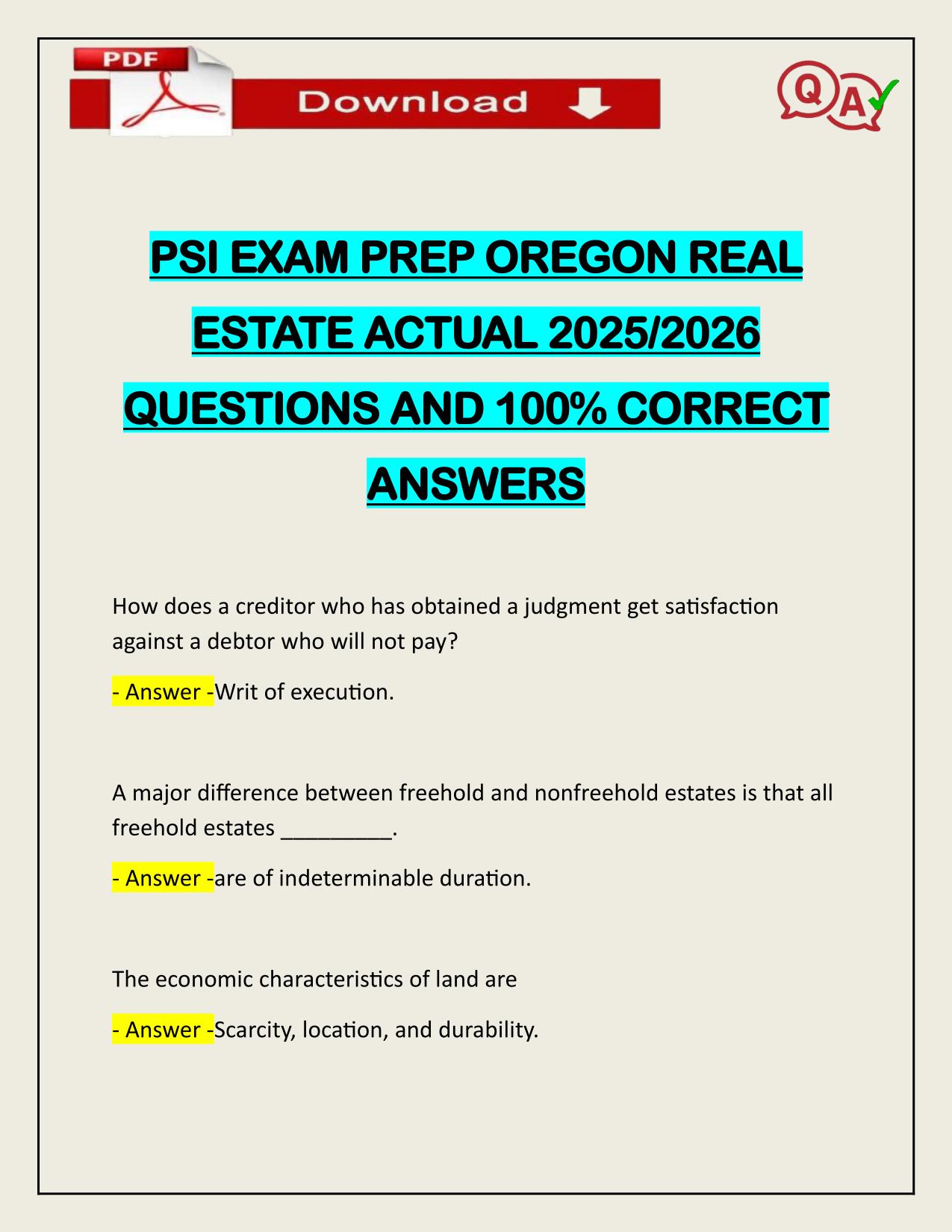 PSI EXAM PREP OREGON REAL ESTATE ACTUAL 2025/2026 WITH VERIFIED SOLUTIONS