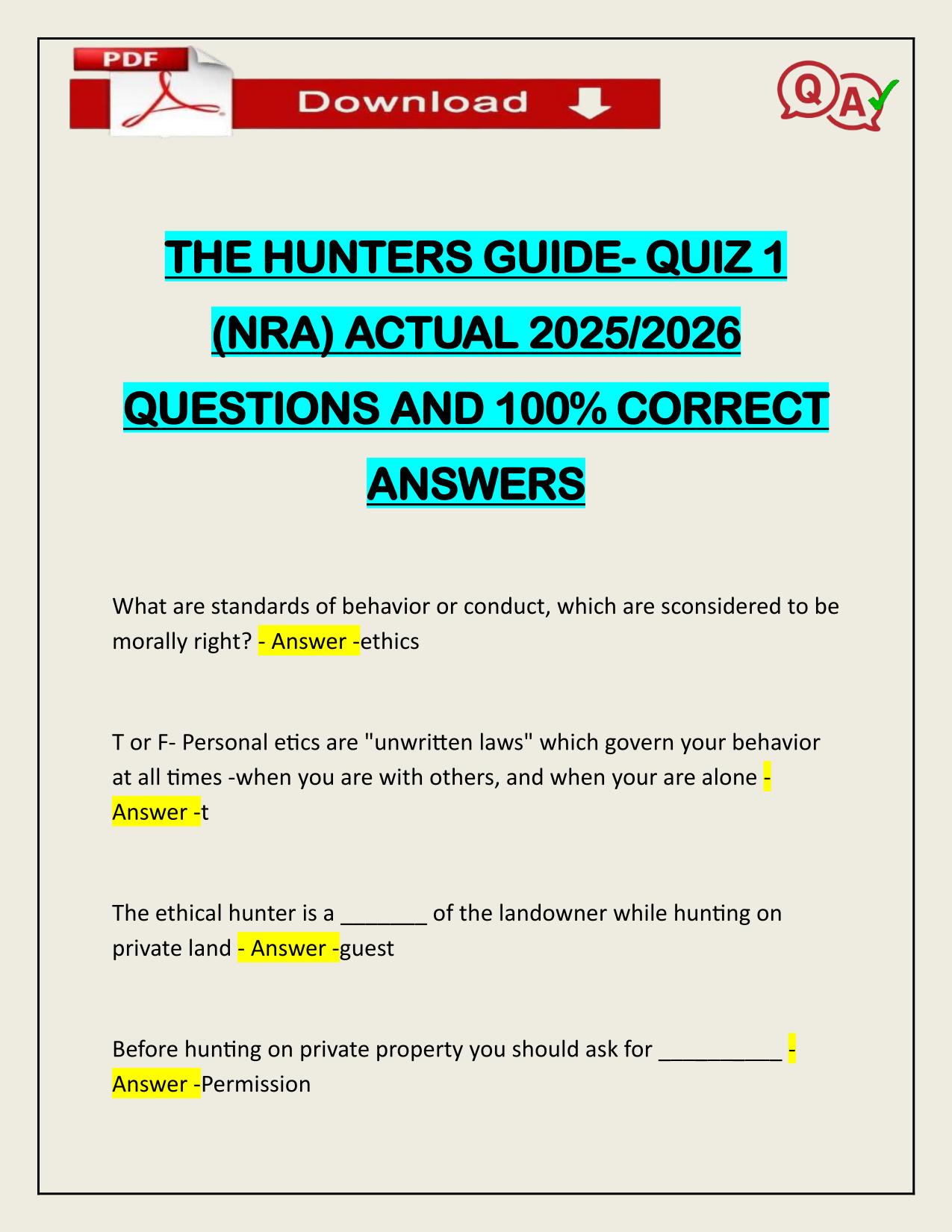 THE HUNTERS GUIDE- QUIZ 1 (NRA) ACTUAL 2025/2026 UPDATED
