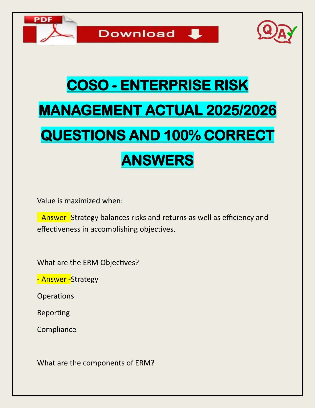 COSO - ENTERPRISE RISK MANAGEMENT ACTUAL 2025/2026 CORRECTLY ANSWERED