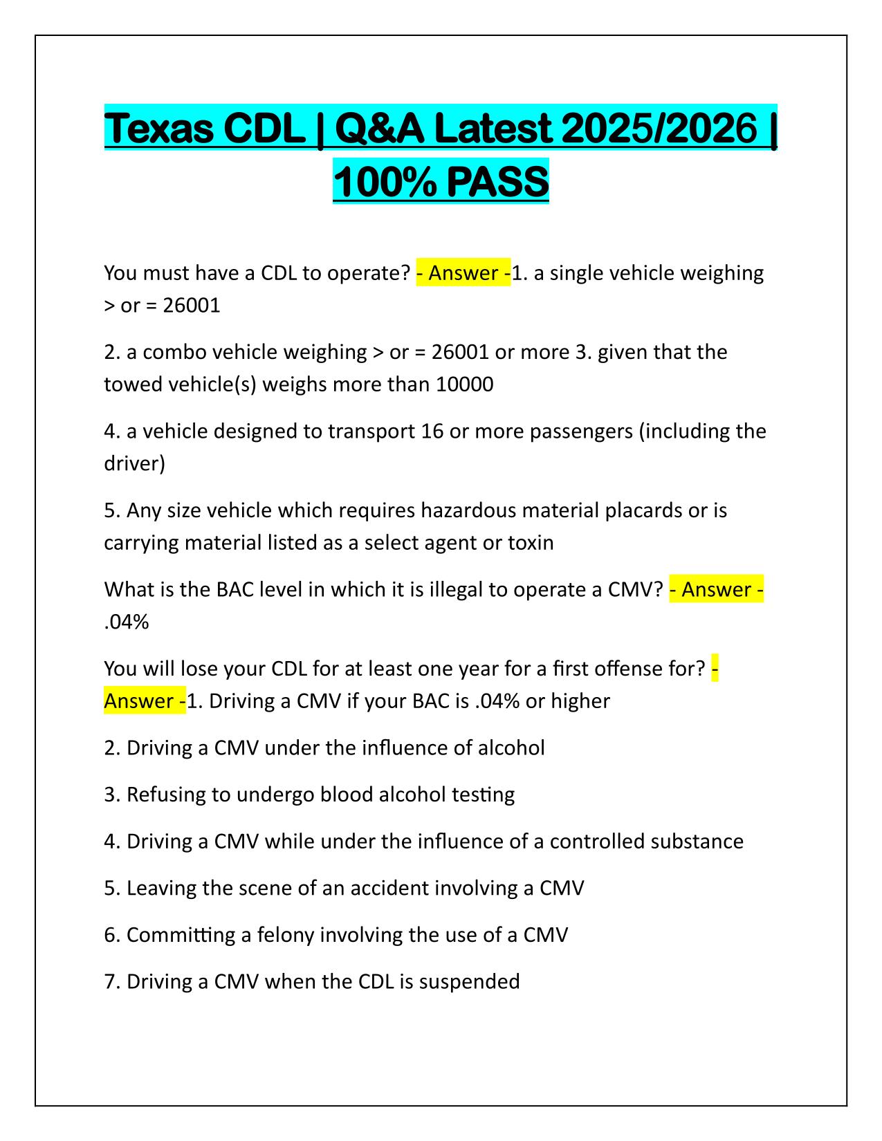 Texas CDL Questions and Correct Solutions 2025-2026 Update