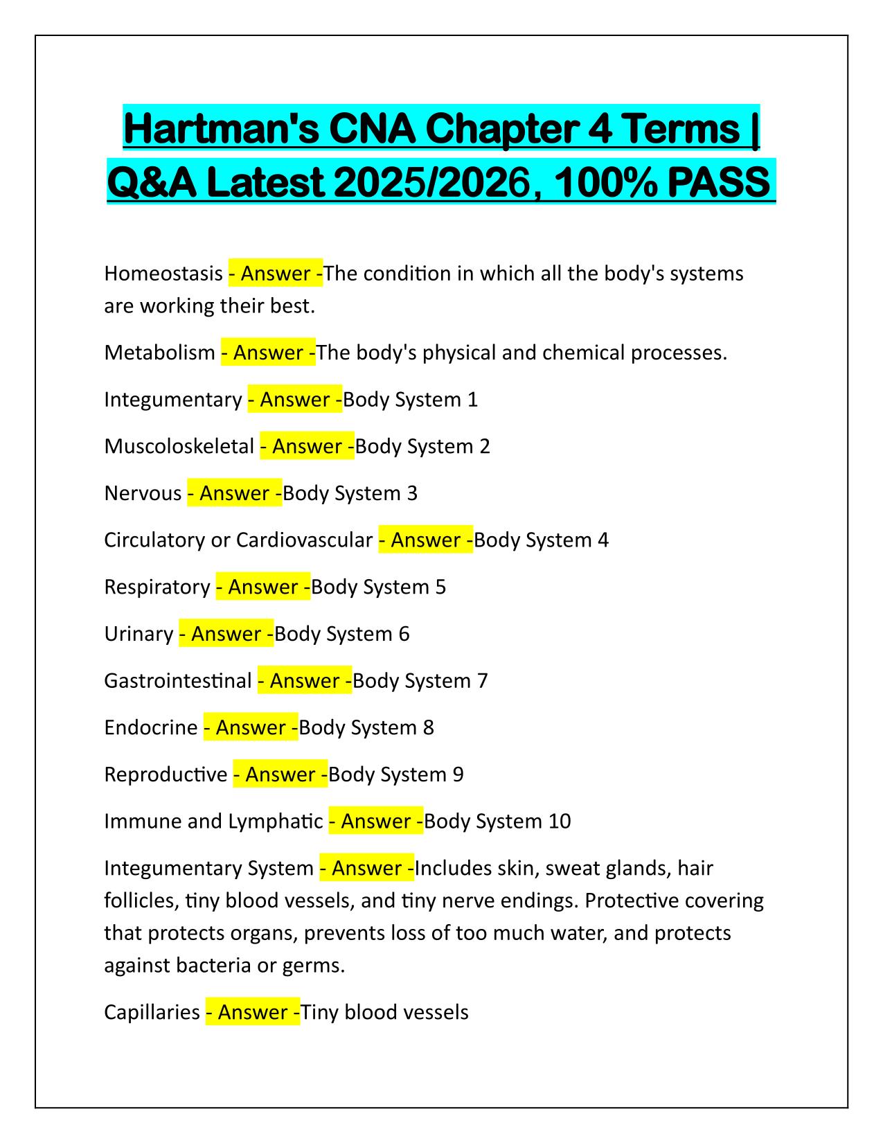 Hartman's CNA Chapter 4 Terms Correctly Answered Latest Update