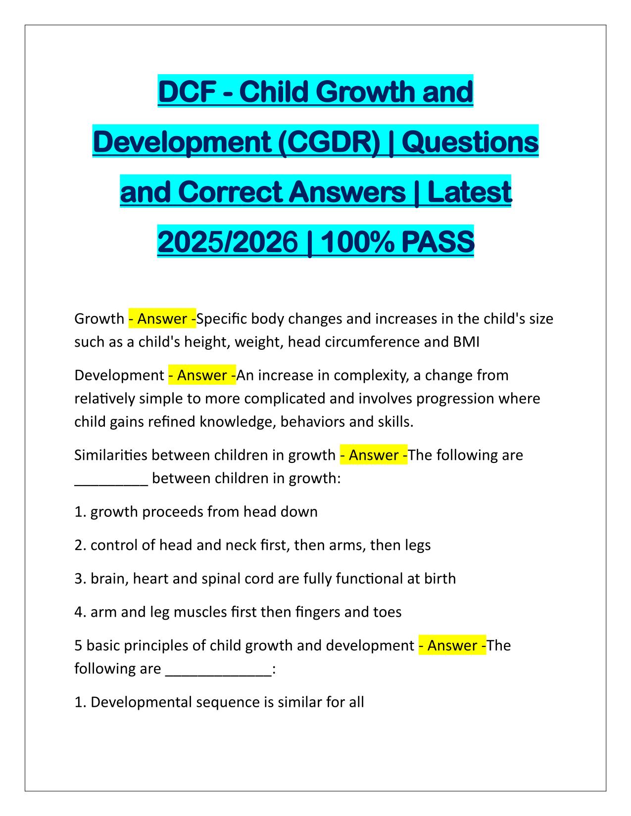 DCF-Child Growth and Development (CGDR) Correctly Answered Latest