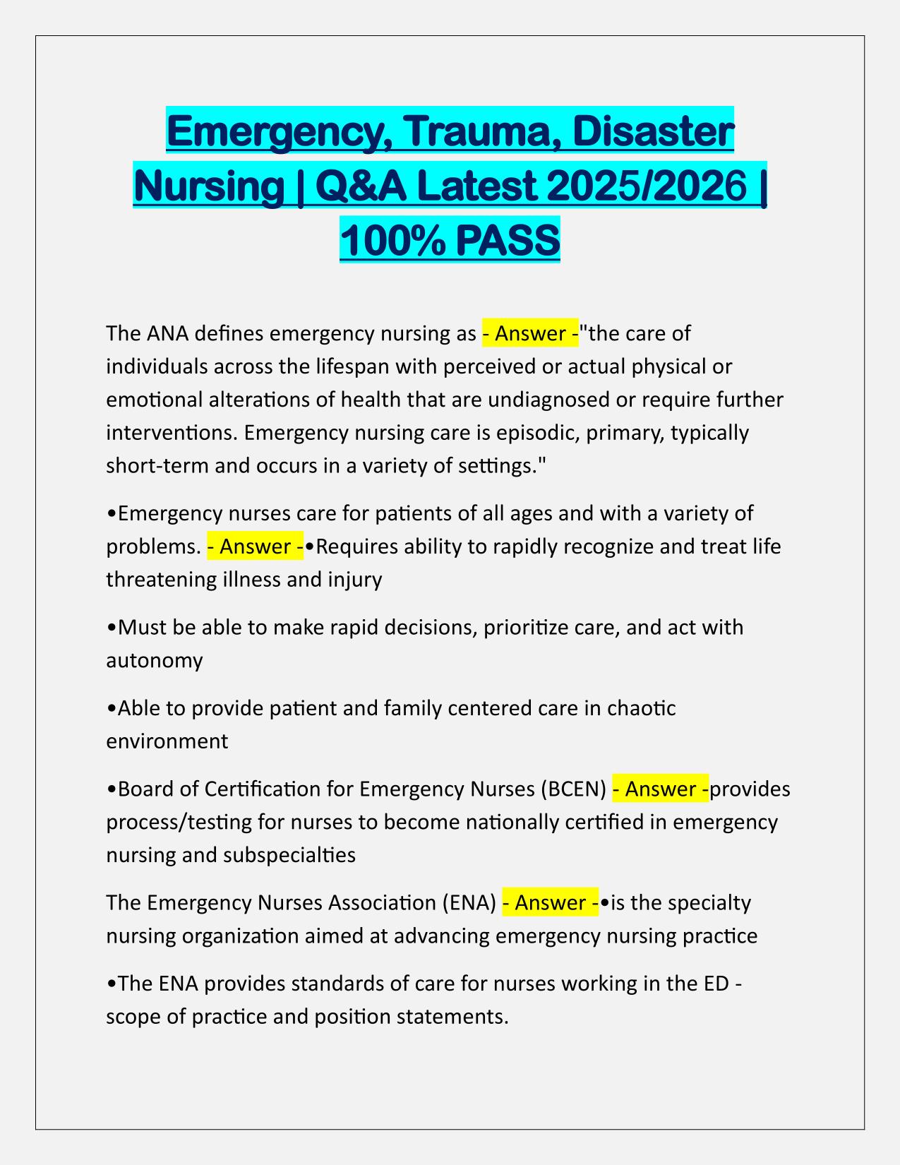 Emergency, Trauma, Disaster Nursing Q&A Latest Update