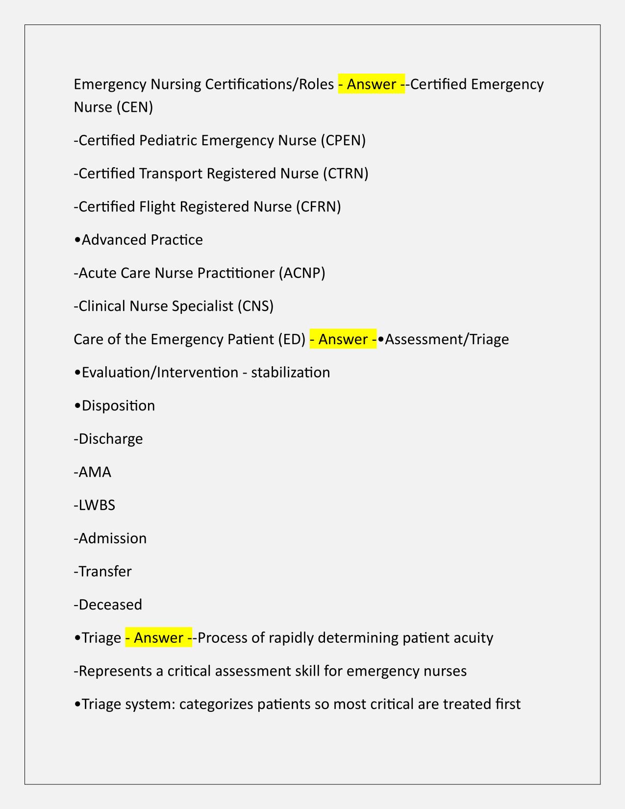 Emergency, Trauma, Disaster Nursing Q&A Latest Update