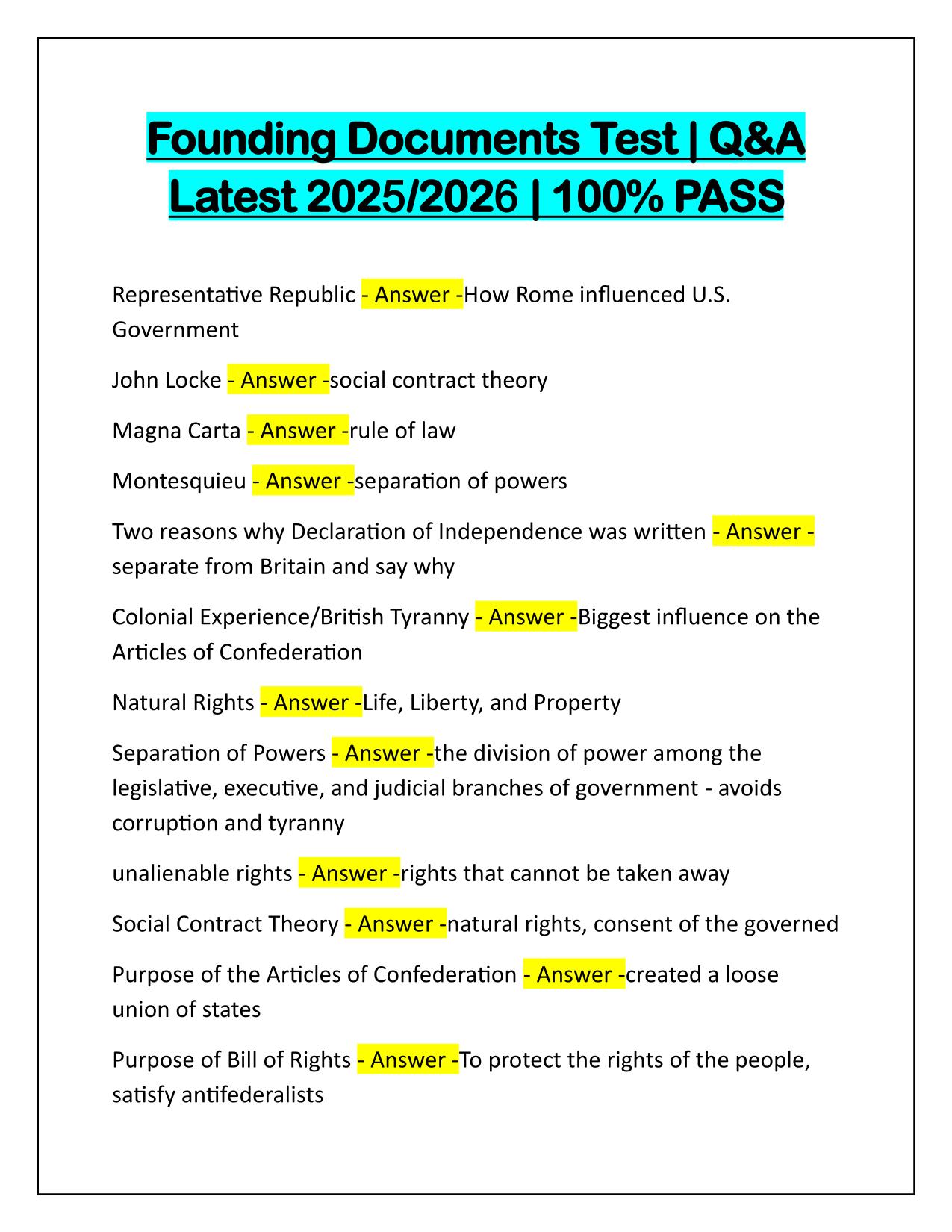 Founding Documents Test Q&A Latest Update 2025-2026
