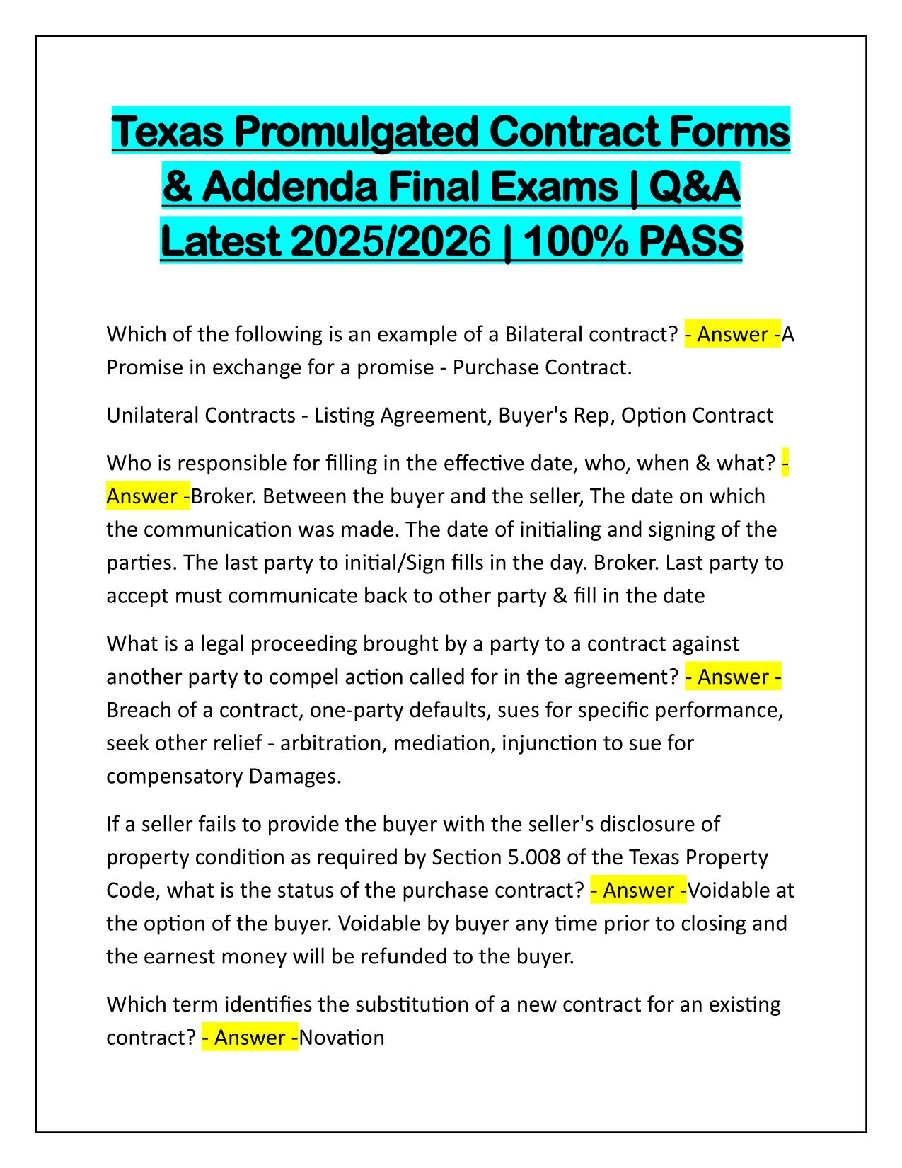 Texas Promulgated Contract Forms and Addenda Final Exams Correctly Answered 2025