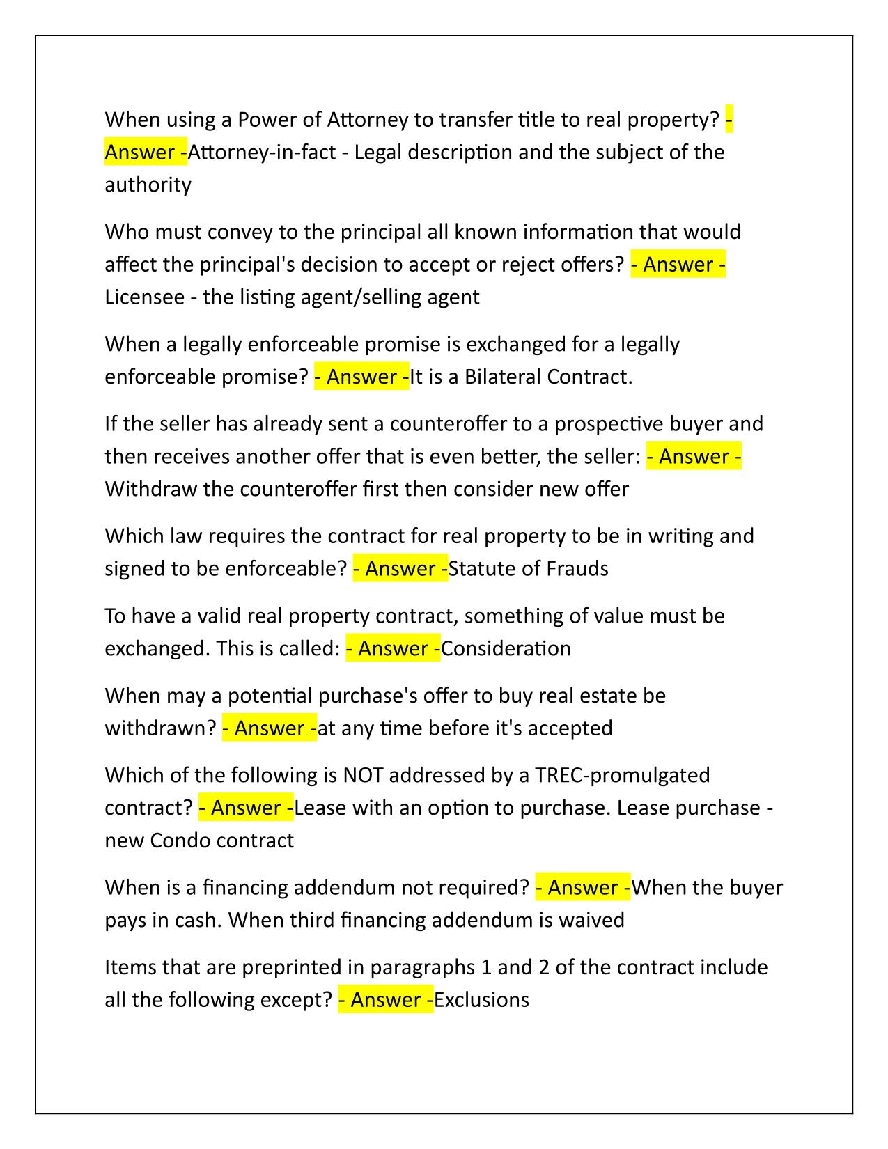 Texas Promulgated Contract Forms and Addenda Final Exams Correctly Answered 2025