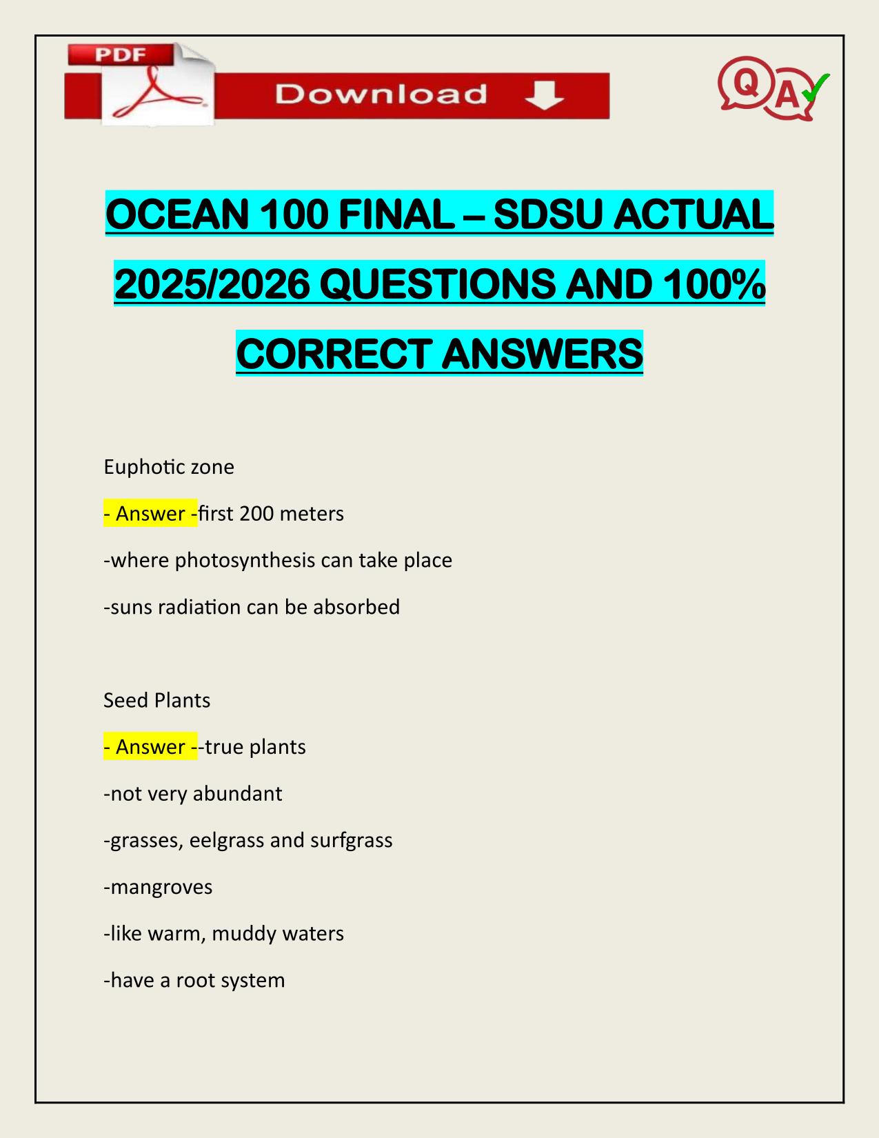 OCEAN 100 FINAL SDSU ACTUAL 2025/2026 QUESTIONS AND 100% CORRECT ANSWERS