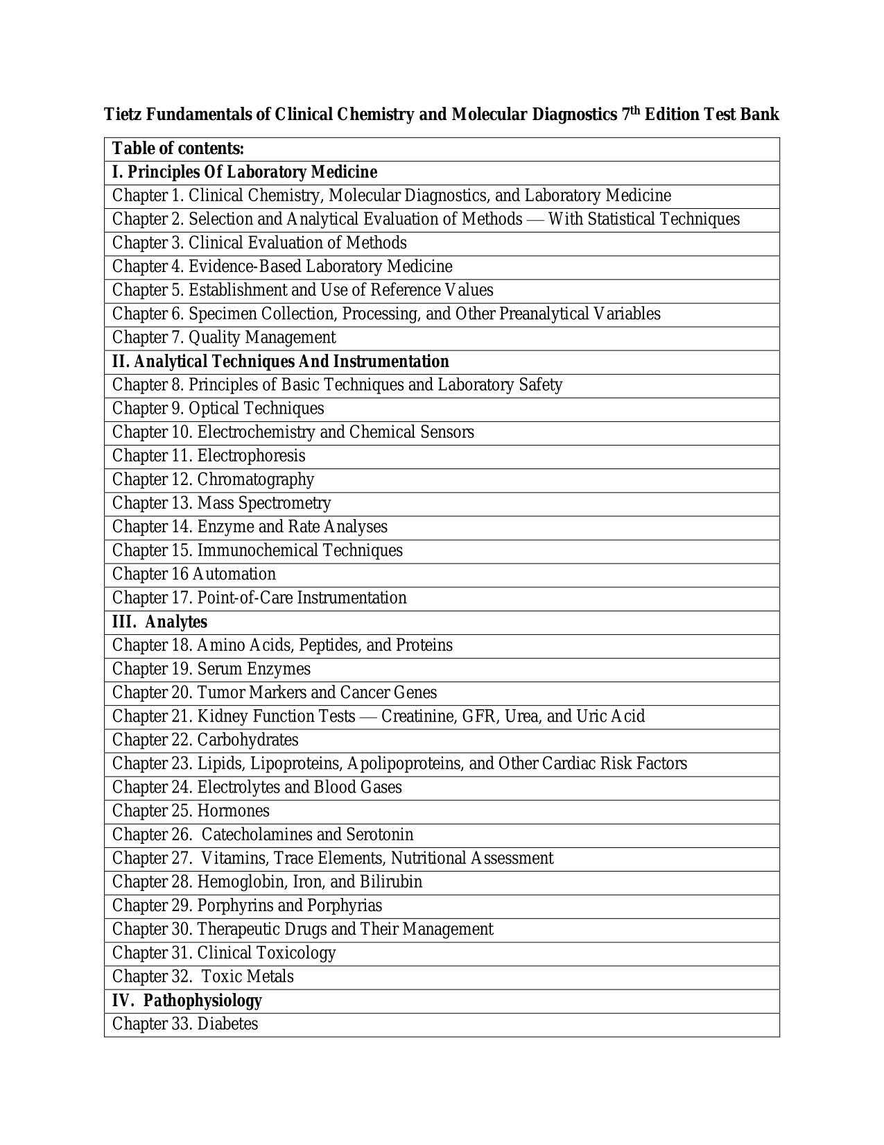 TEST BANK TIETZ FUNDAMENTALS OF CLINICAL CHEMISTRY & MOLECULAR DIAGNOSTICS 7TH ED BY CARL A BURTIS ISBN: 9781455741656