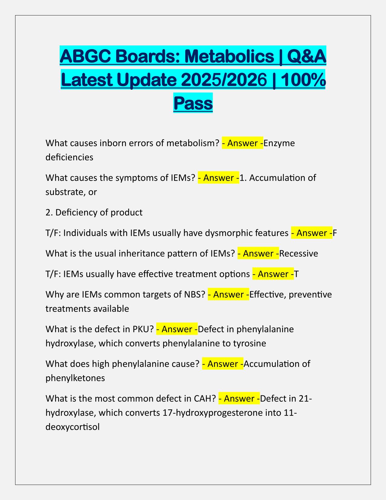 ABGC Boards Metabolics Test Q&A Latest Update