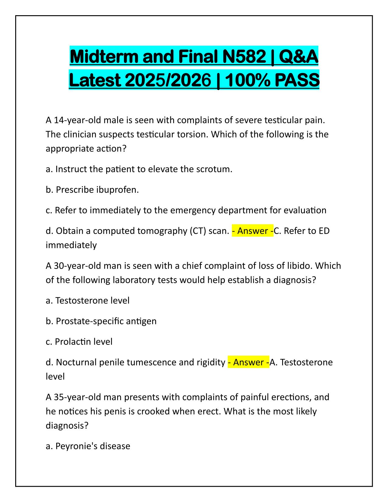Midterm and Final N582 Questions and Correct Answers Latest