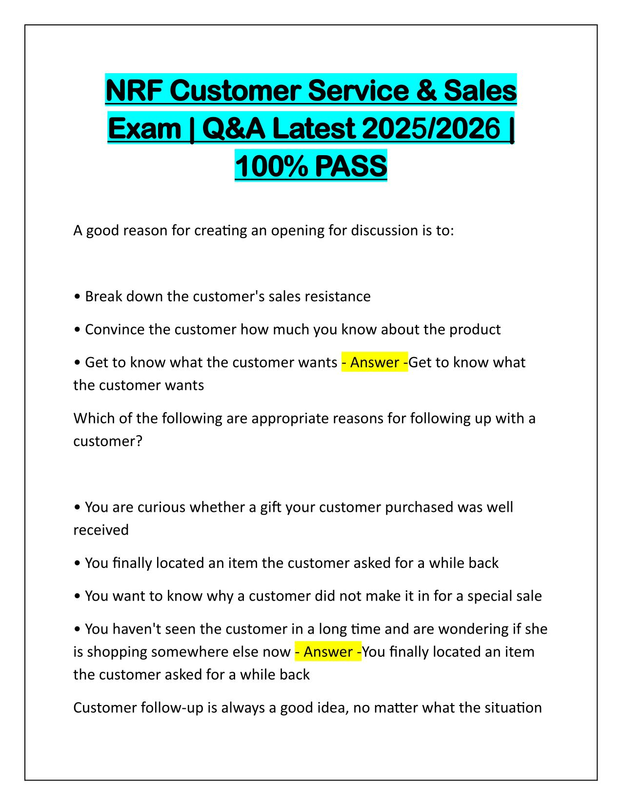 NRF Customer Service and Sales Exam Q&A Latest 2025 Update