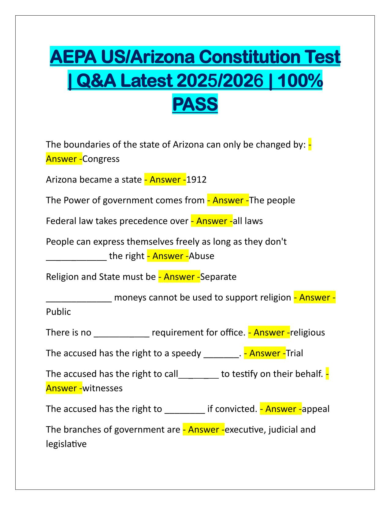 AEPA US,Arizona Constitution Test Q&A Latest Update