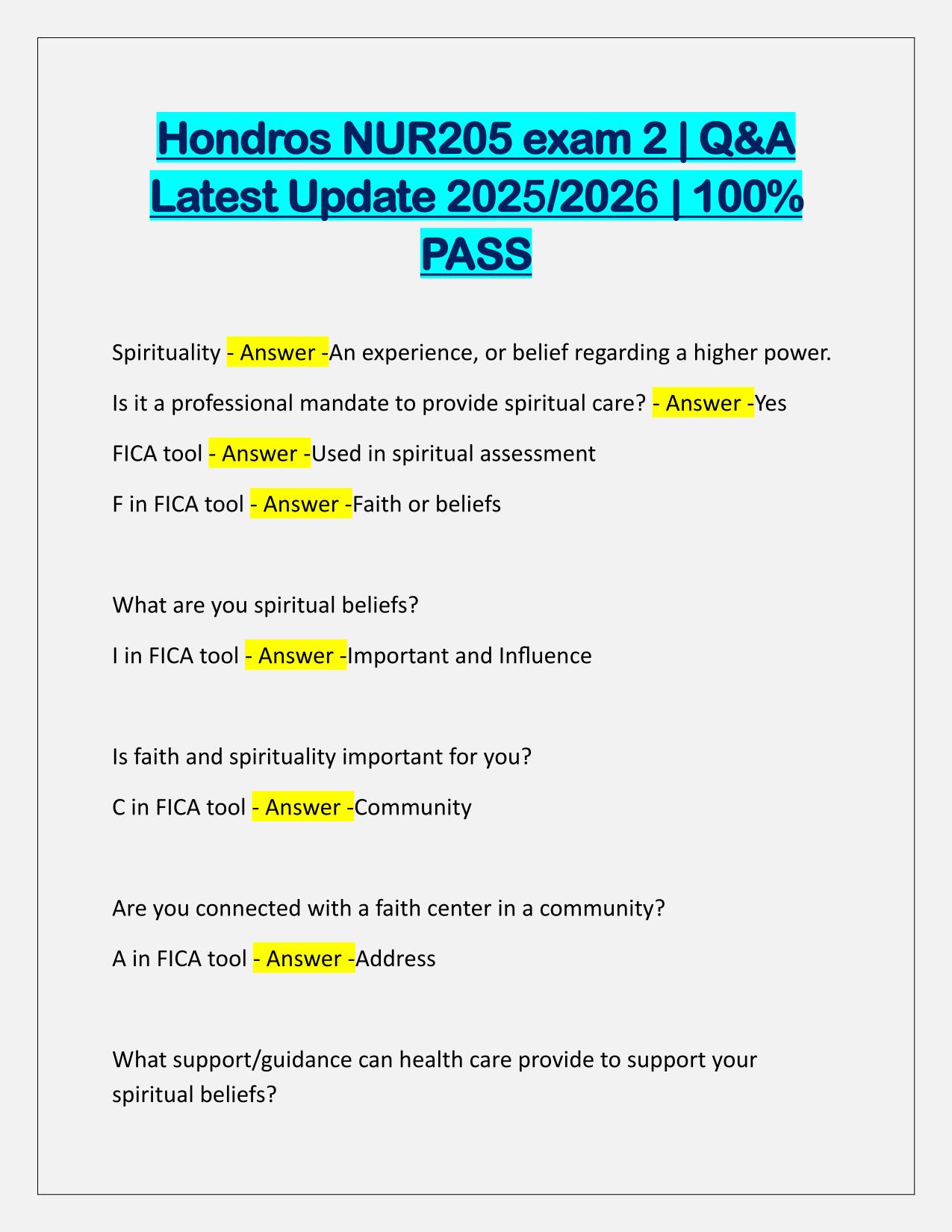 Hondros NUR205 exam 2 Q&A Latest Update