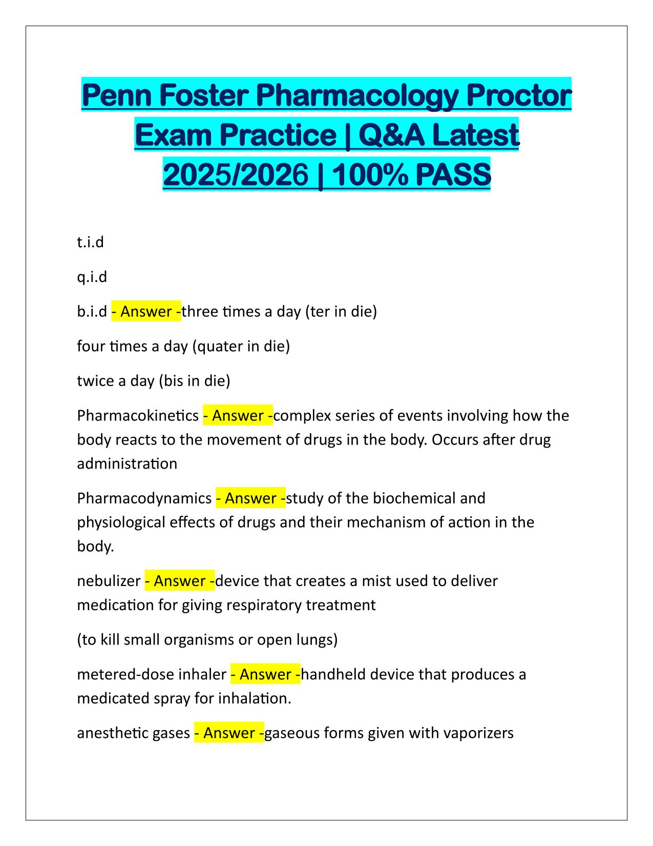 Penn Foster Pharmacology Proctor Exam Practice Q&A Latest Update
