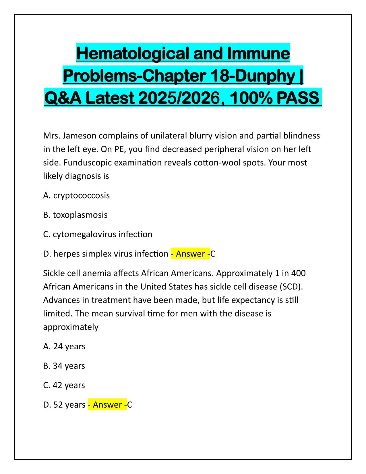 Hematological and Immune Problems-Chapter 18-Dunphy Q&A Latest Update