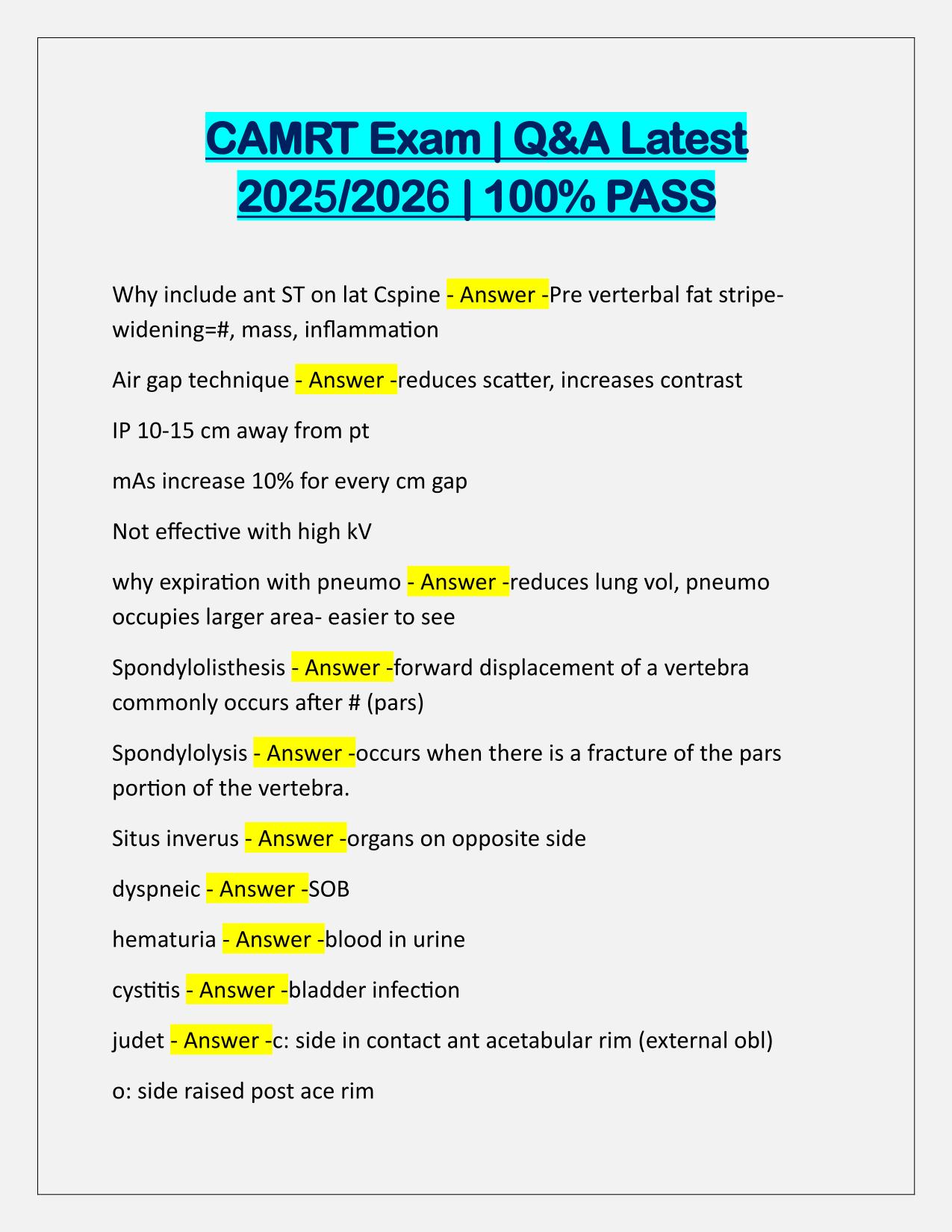 CAMRT EXAM Q&A Latest Update