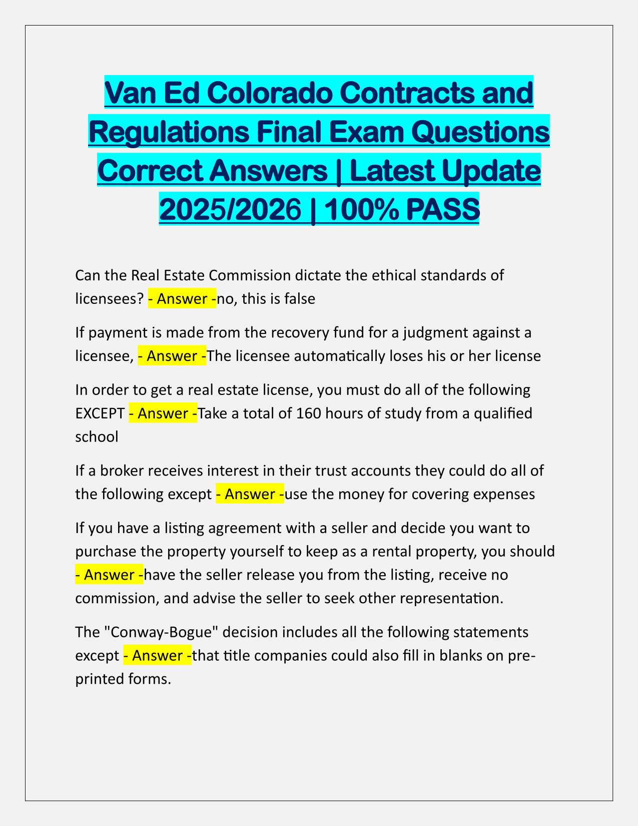 Van Ed Colorado Contracts and Regulations Final Exam Correctly Answered