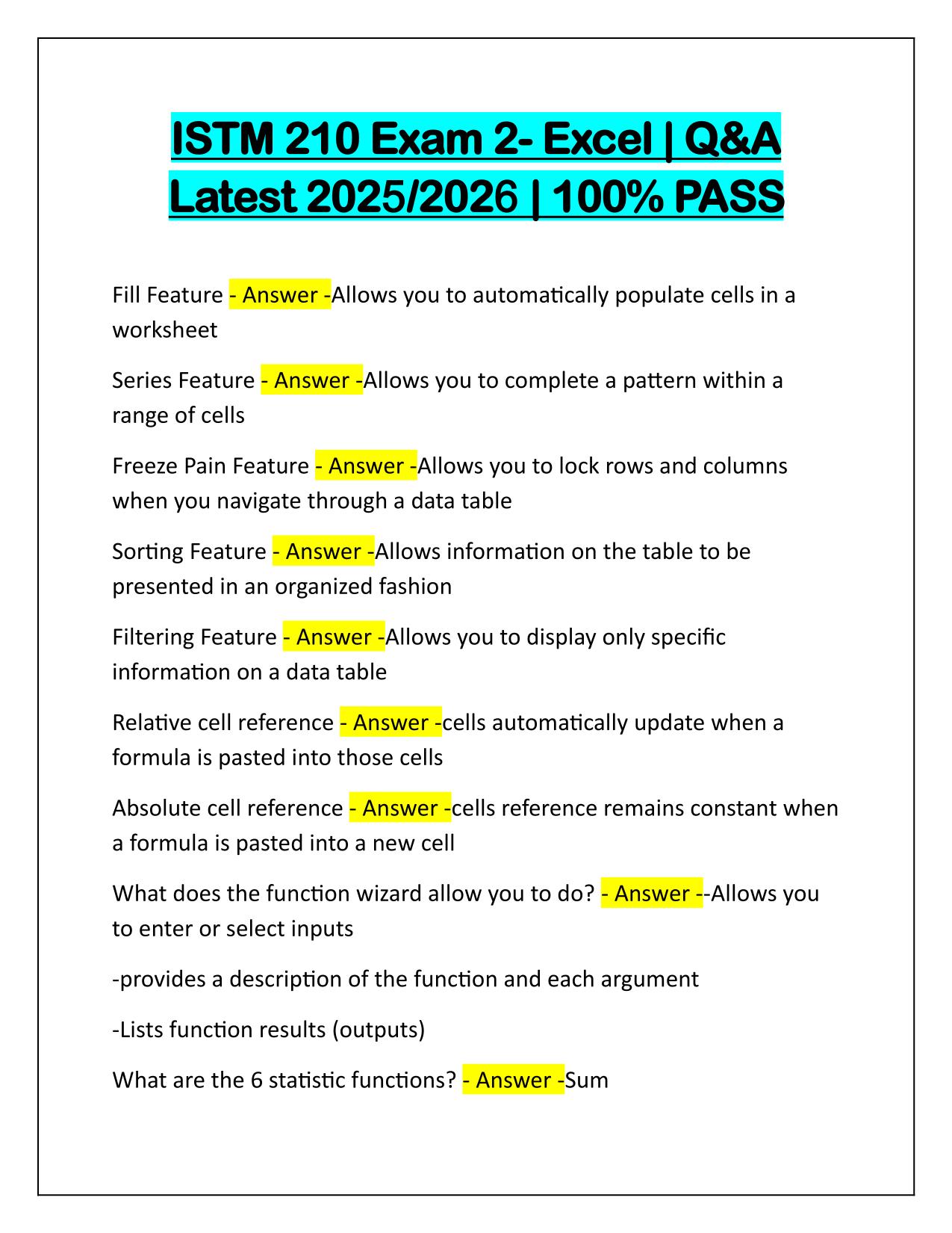 ISTM 210 Exam 2-Excel Correctly Answered Latest Update