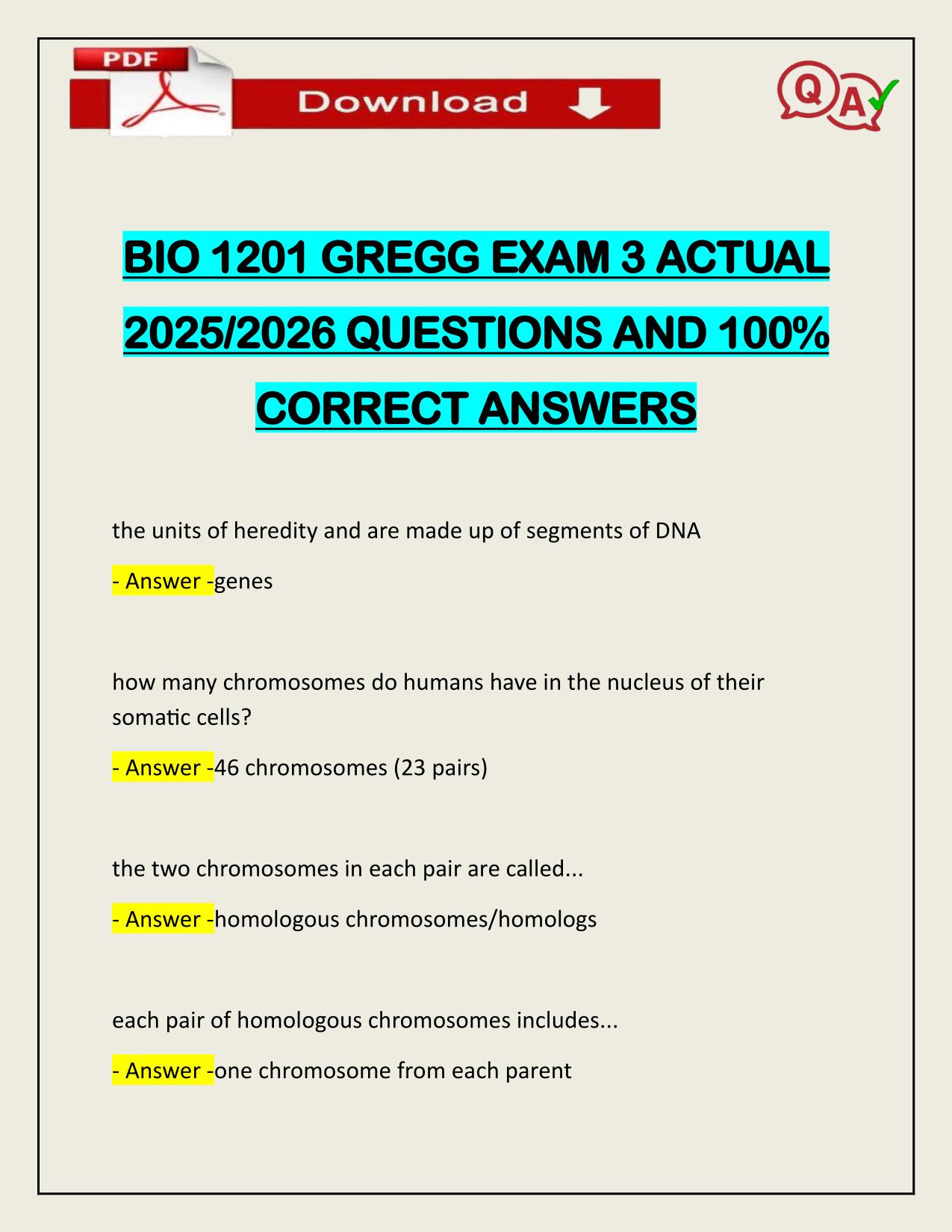 BIO 1201 GREGG EXAM 3 ACTUAL 2025/2026 QUESTIONS AND 100% CORRECT ANSWERS