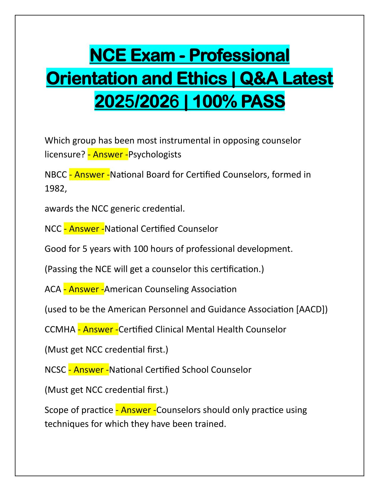 NCE Exam Professional Orientation and Ethics Q&A Latest Update 2025-2026