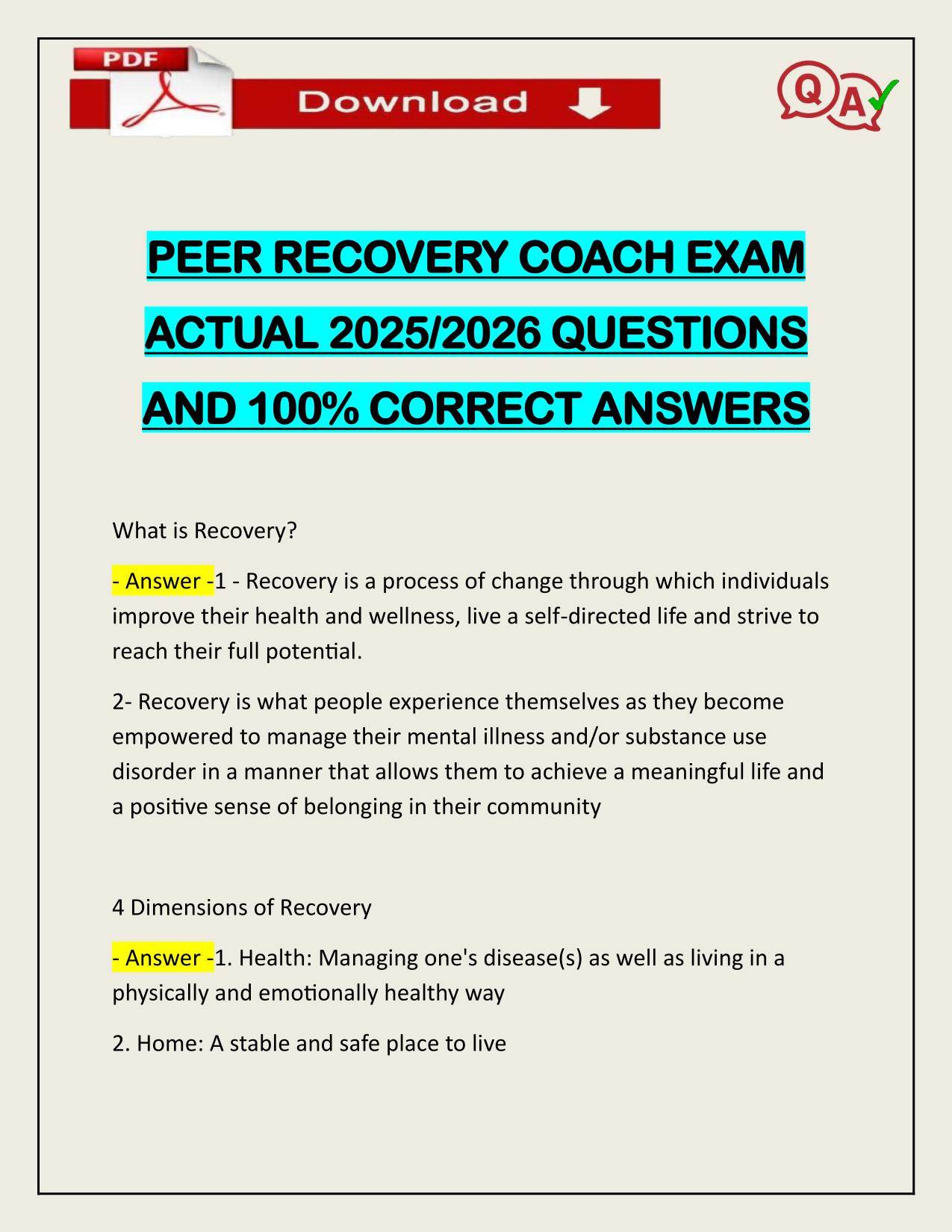 PEER RECOVERY COACH EXAM ACTUAL 2025/2026