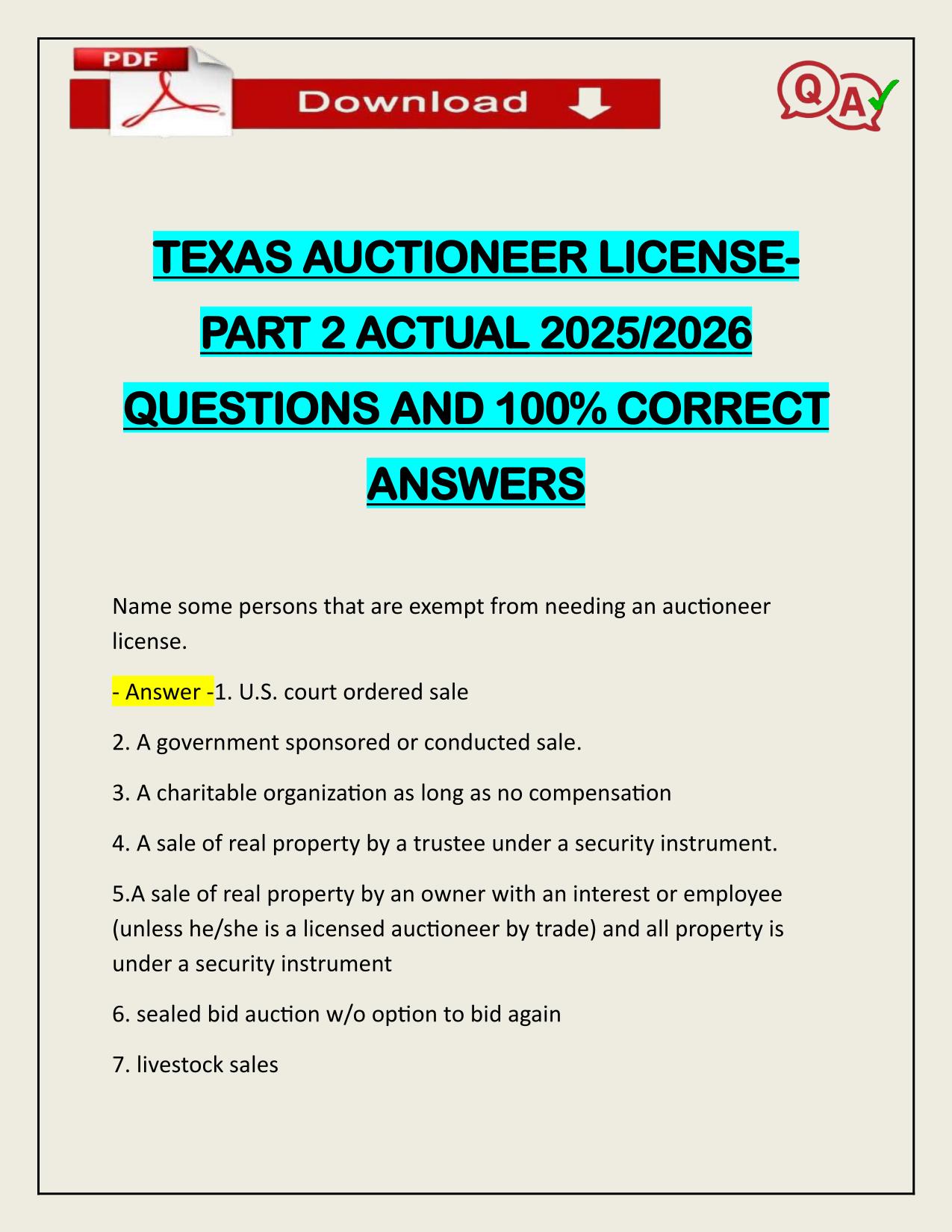 TEXAS AUCTIONEER LICENSEPART 2 ACTUAL 2025/2026 QUESTIONS AND 100% CORRECT ANSWERS