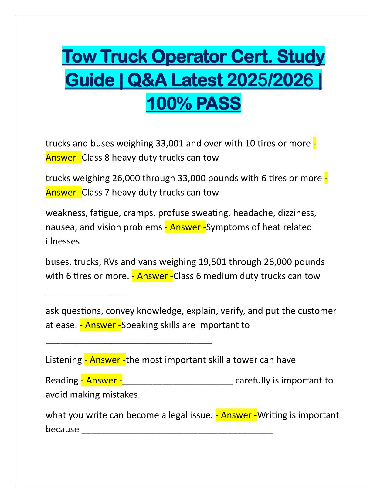 Tow Truck Operator Cert Study Guide Q&A Latest Update