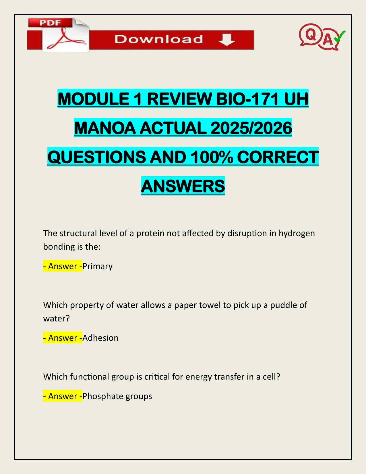 MODULE 1 REVIEW BIO-171 UH MANOA ACTUAL 2025/2026