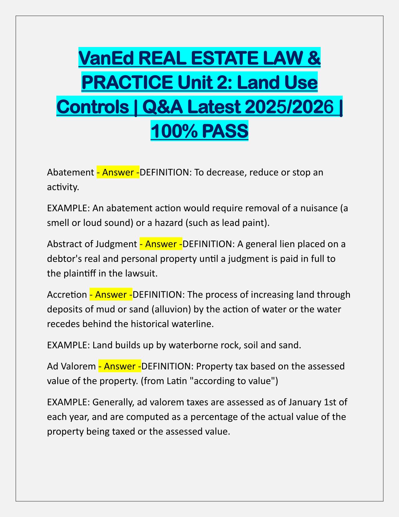 VanEd REAL ESTATE LAW and PRACTICE Unit 2, Land Use Controls Q&A Latest Update