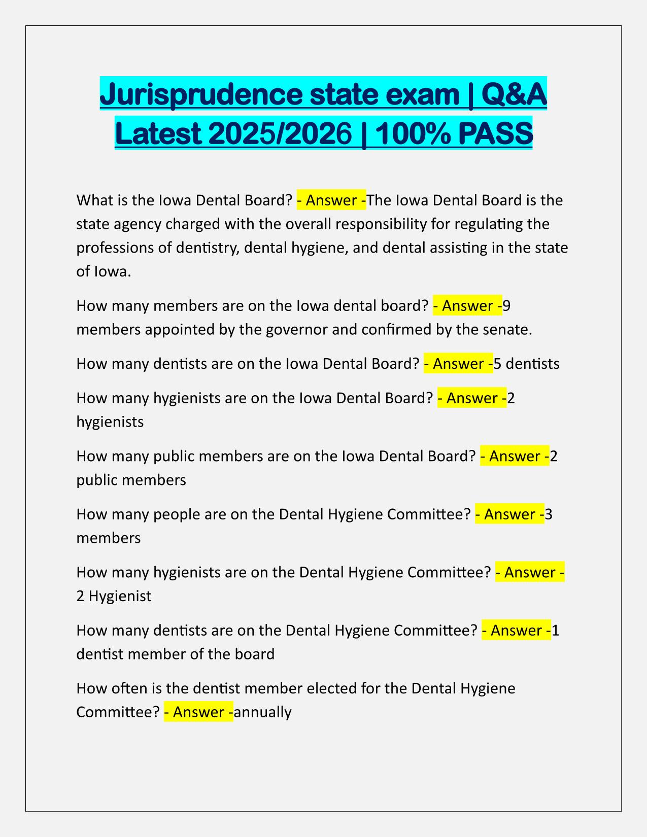 Bundle for Jurisprudence Dental Board EXAMS Q&A Latest Update 2025-2026
