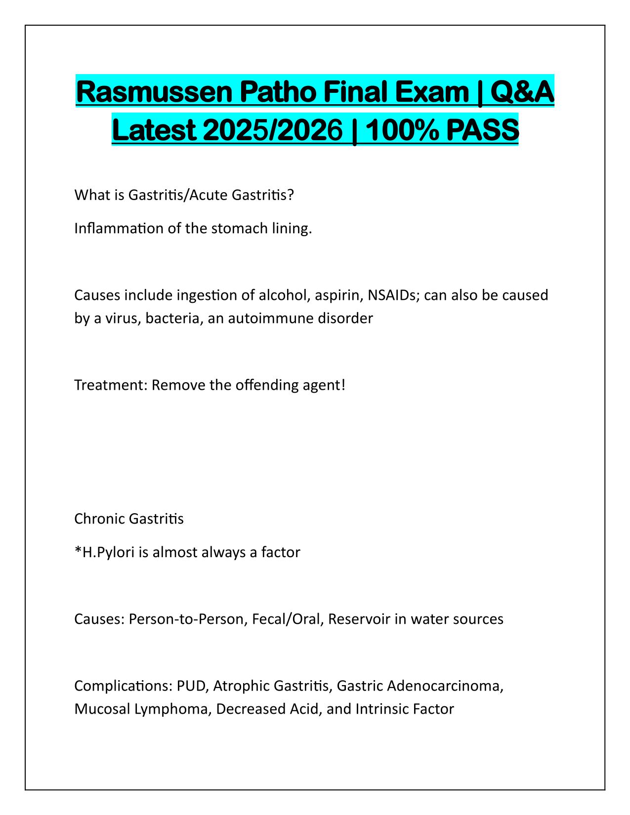 Rasmussen Patho Final Exam Correctly Answered Latest Update