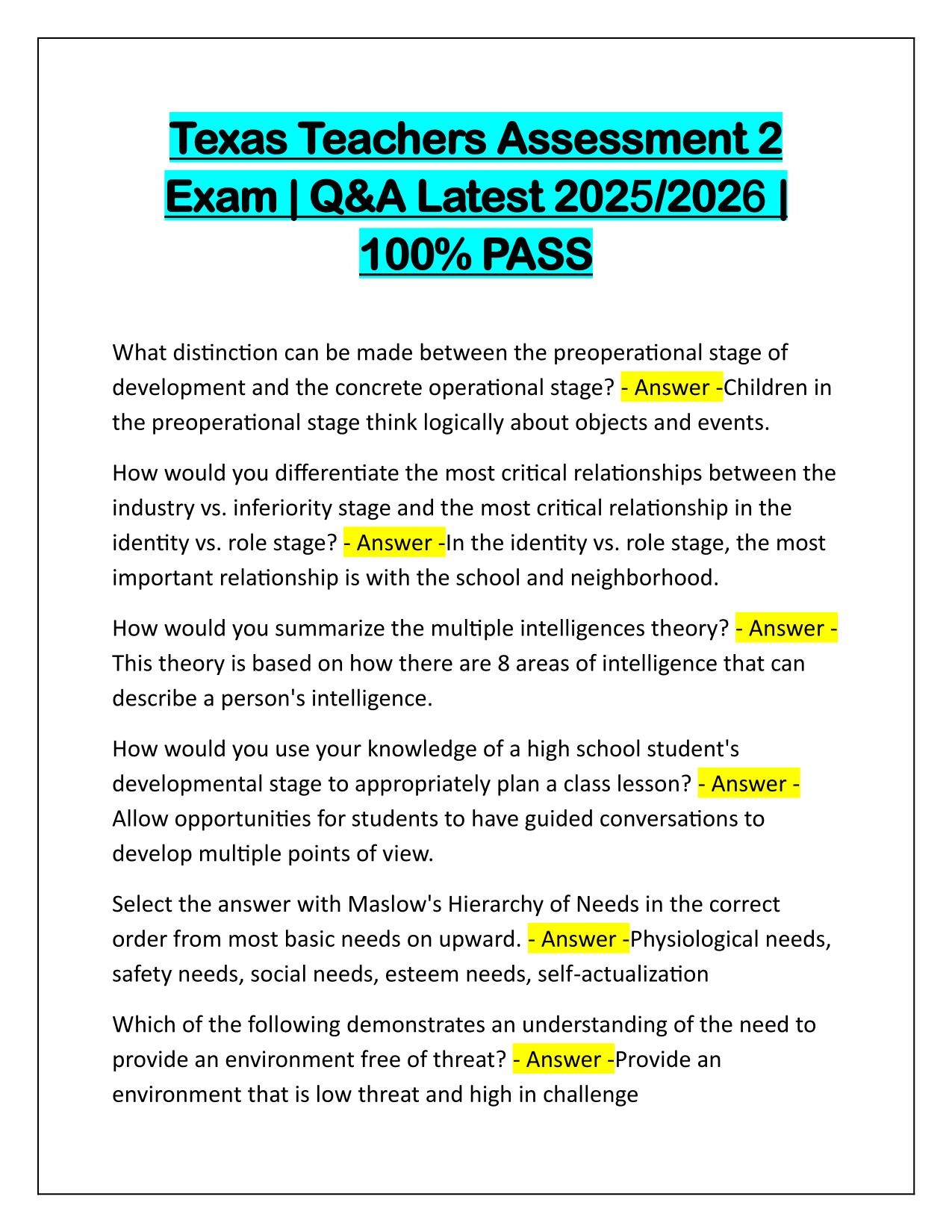 Texas Teachers Assessment 2 Exam Q&A Latest Update