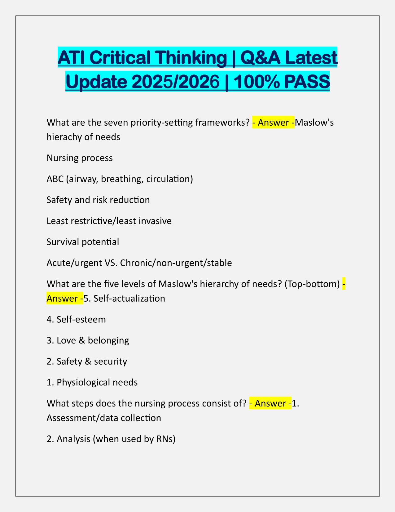 ATI Critical Thinking TEST Q&A Latest Update