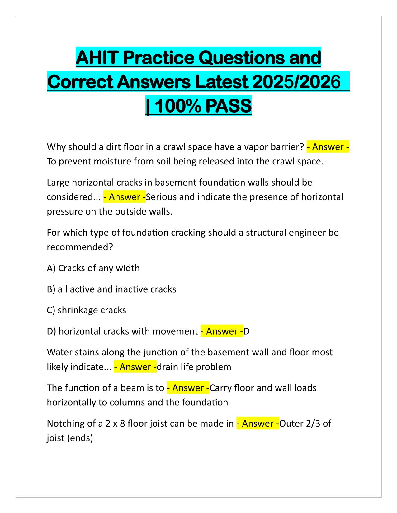 AHIT Practice Questions and Correct Answers Latest Update