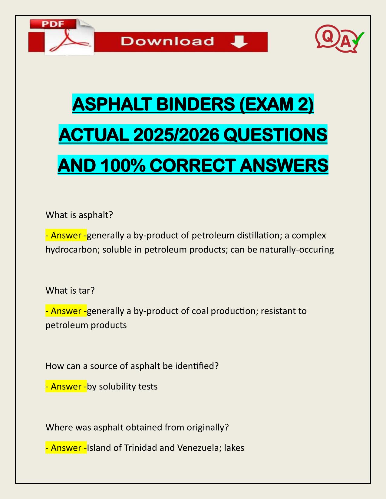ASPHALT BINDERS (EXAM 2) ACTUAL 2025/2026 CORRECTLY ANSWERED
