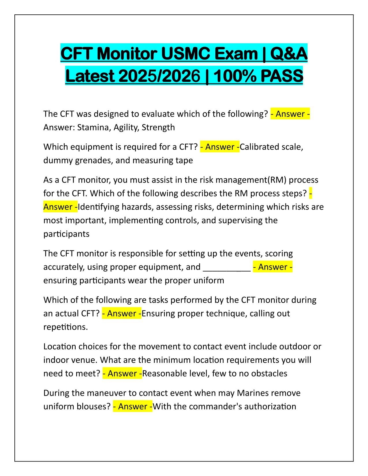 CFT Monitor USMC Exam Correctly Answered Latest Update 2025-2026