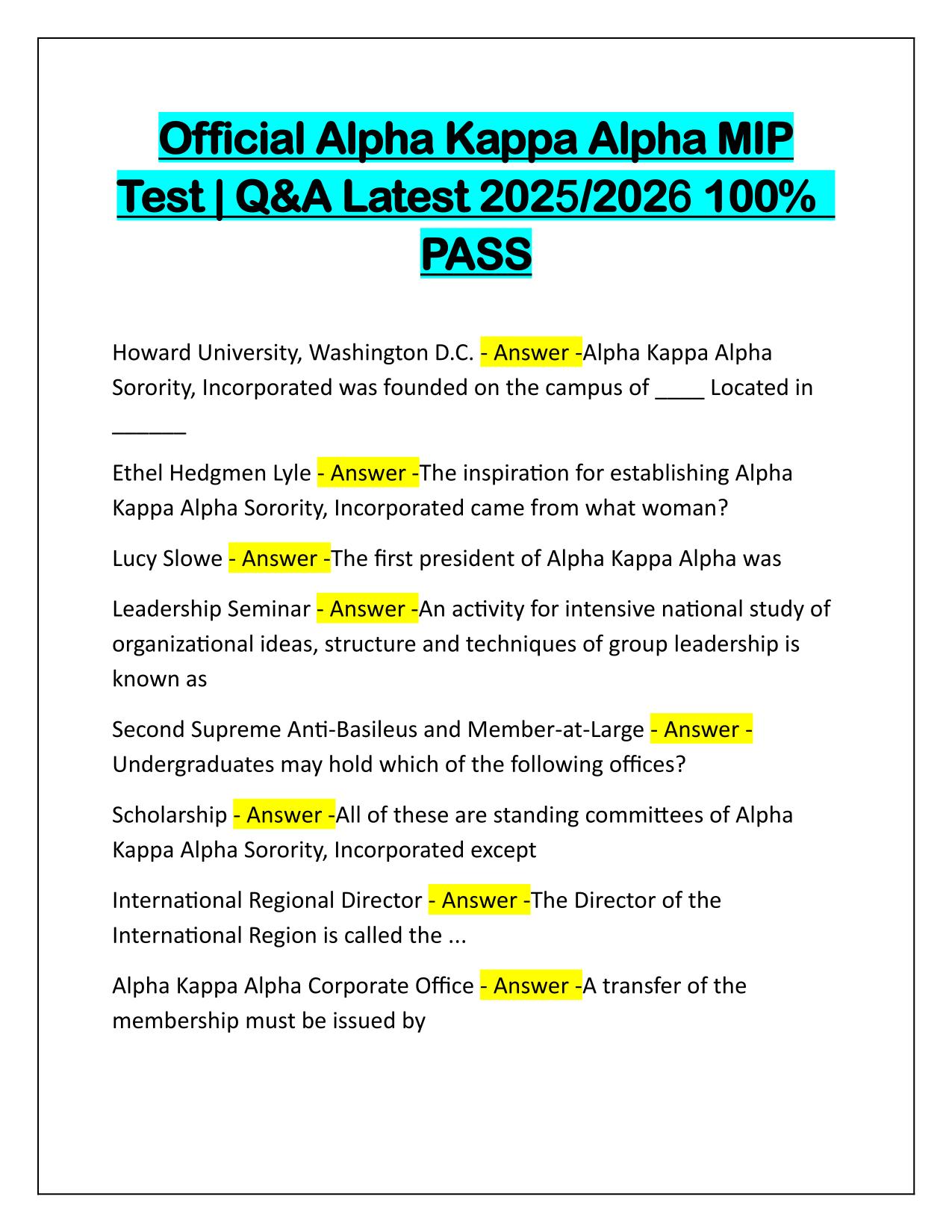 Official Alpha Kappa Alpha MIP Test Q&A Latest Update