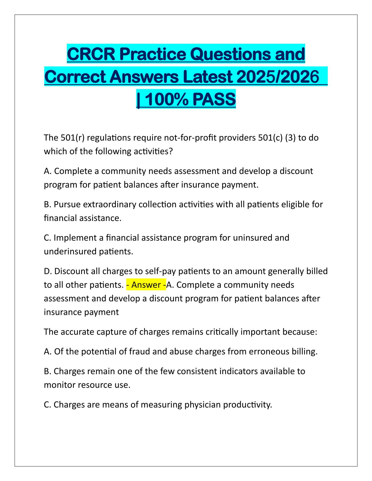 CRCR Practice Questions and Correct Answers Latest Update