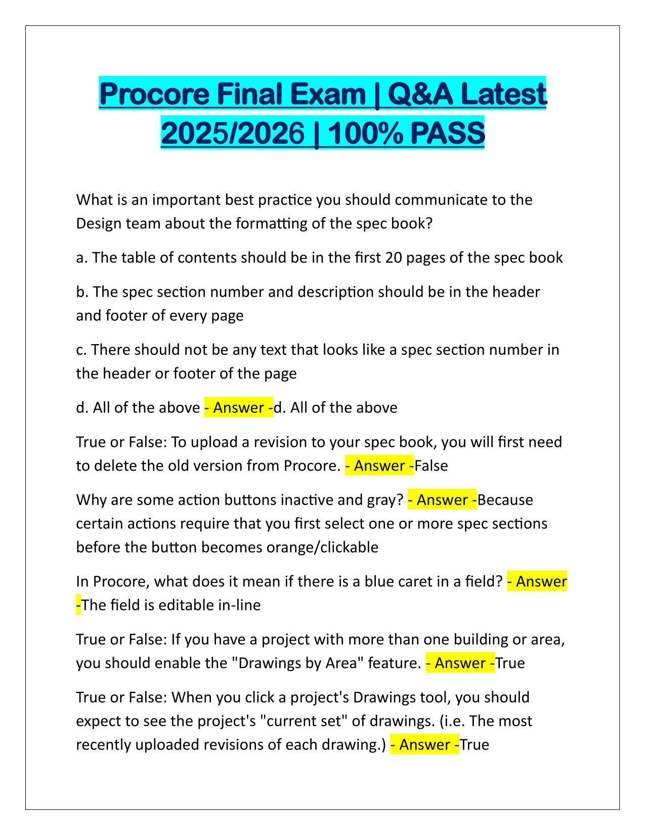 Procore Final Exam Q&A Latest Update