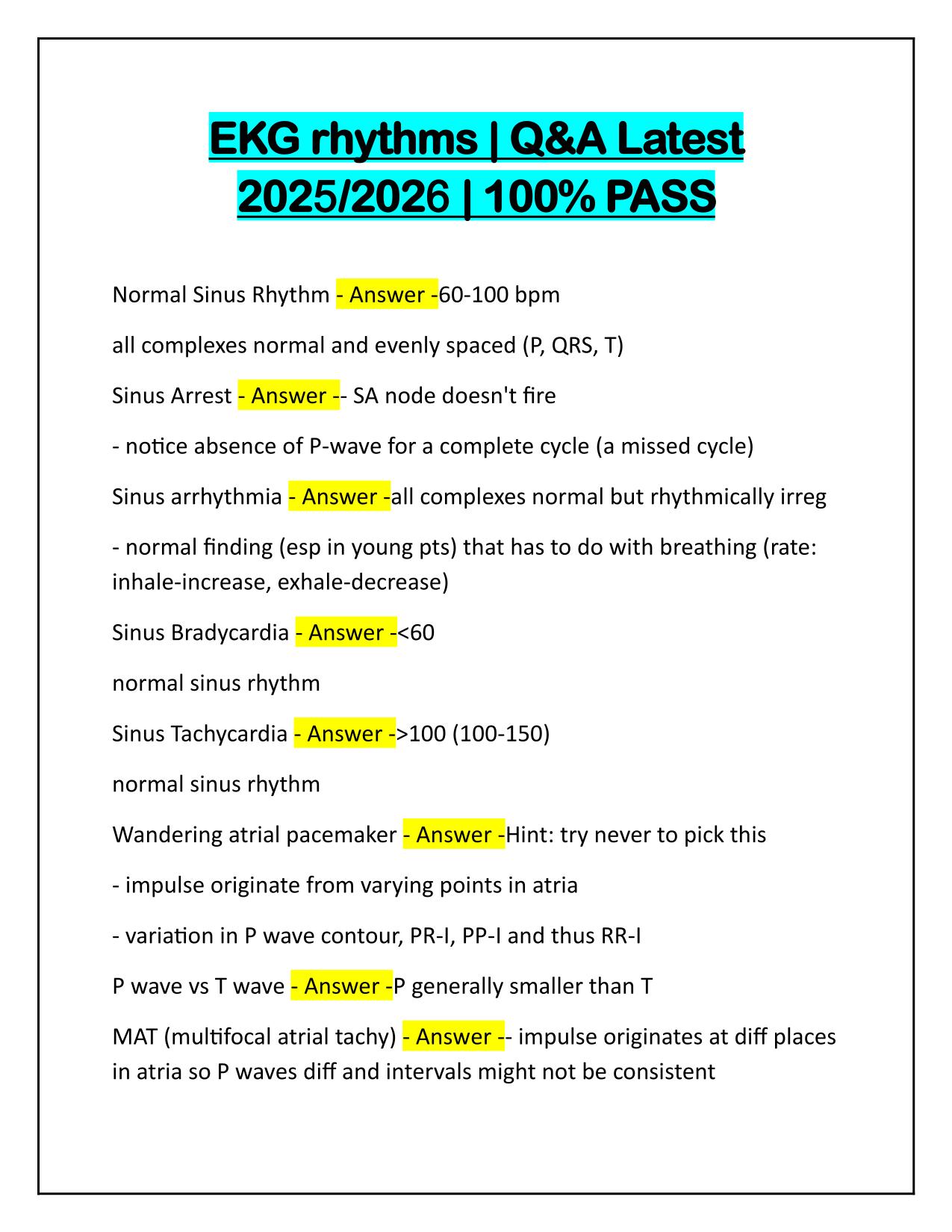 Bundle for Nursing EKG Exams with Correct Solutions Latest